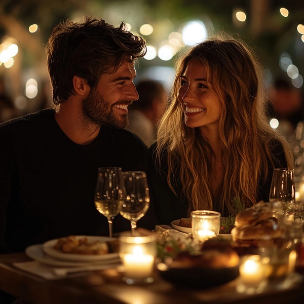 Casal sorrindo em jantar romântico à luz de velas em restaurante em Curitiba