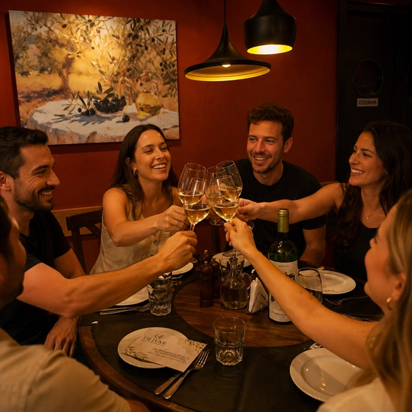 Grupo de amigos brindando durante jantar em restaurante em Curitiba