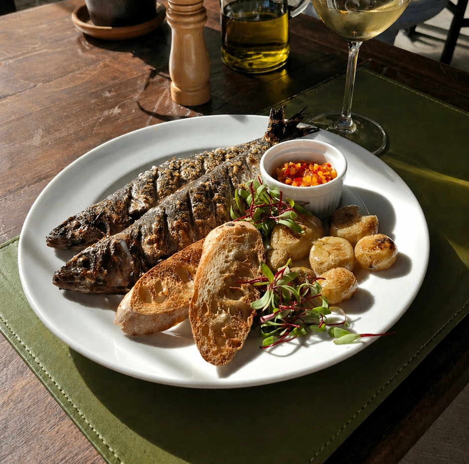 Sardinhas grelhadas na brasa com pão e acompanhamentos em cima de mesa